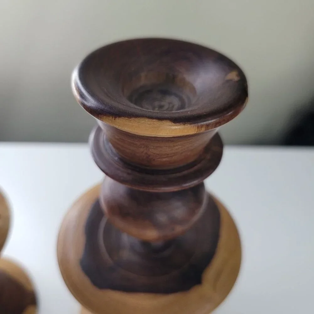 Wooden Candlestick Holders Tapered Solid Grain Two Tone Turned Pair Set 6.5 Inch